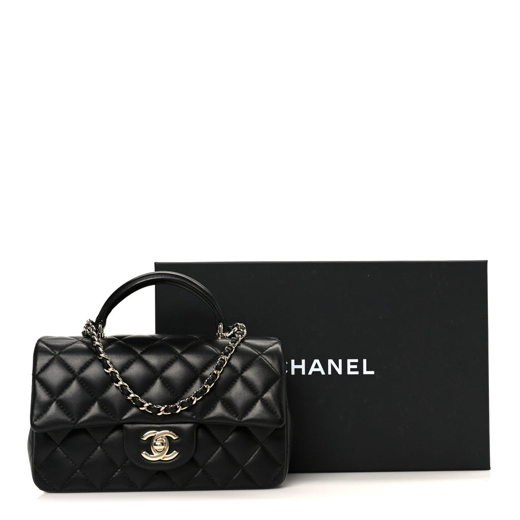 Lambskin Quilted Mini Top Handle Rectangular Flap Black