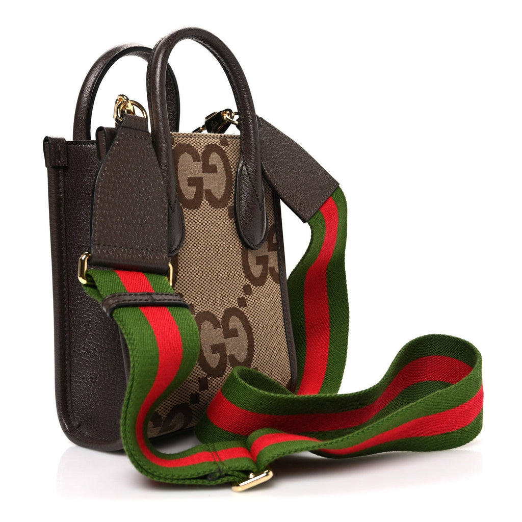 Monogram Jumbo GG Textured Dollar Calfskin Web Mini Vertical Tote Camel Ebony New Acero