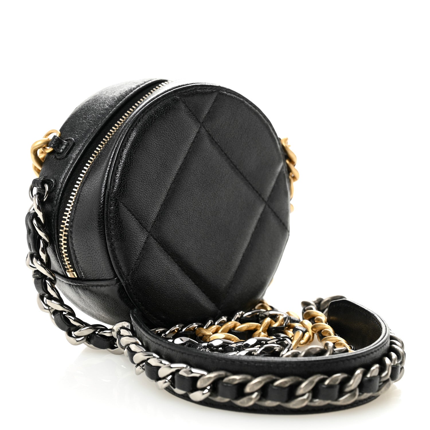 Shiny Goatskin Quilted Chanel 19 Round Clutch With Chain Black