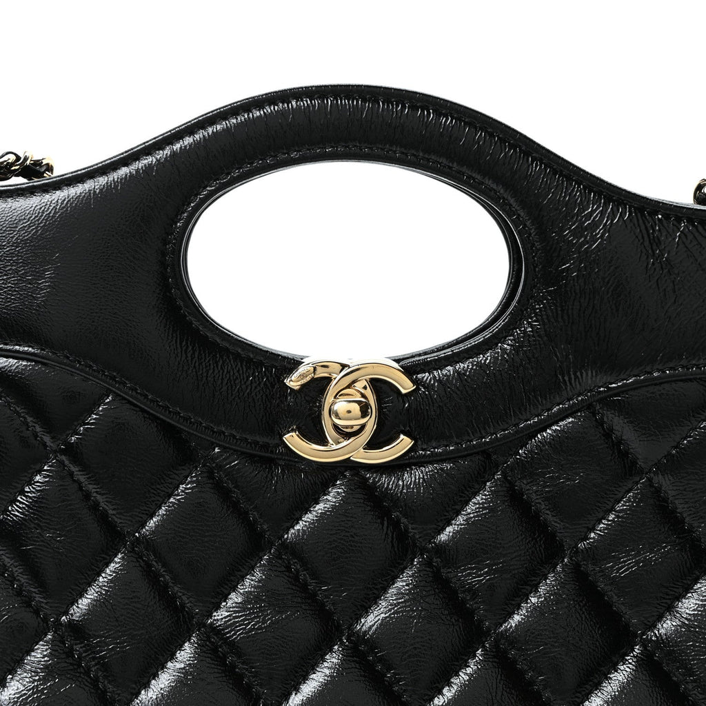 Shiny Crumpled Calfskin Quilted Mini 31 Shopping Bag Black