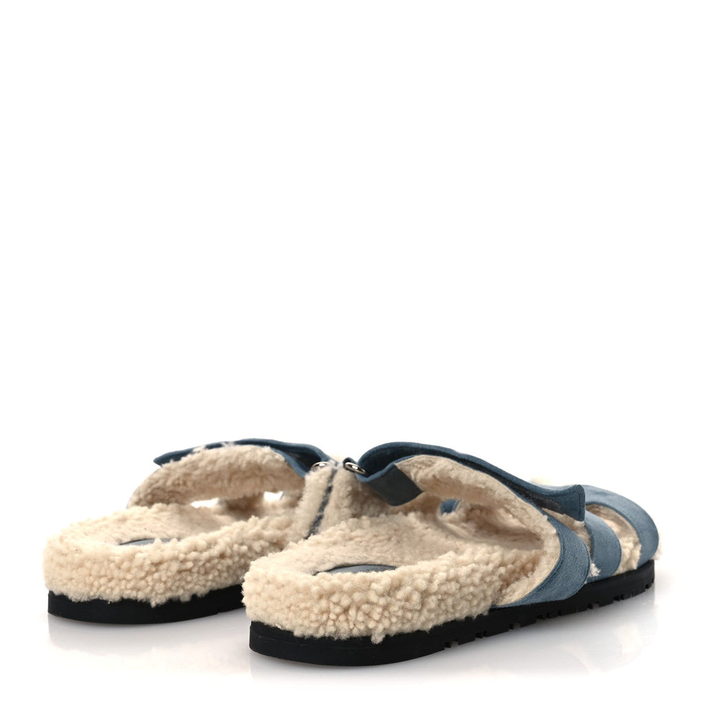 Suede Goatskin Woolskin Womens Chypre Sandals 38 Bleu Pinede Ecru