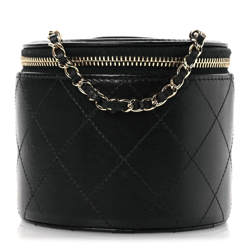 Lambskin Quilted Round Small Vanity Case With Chain Black