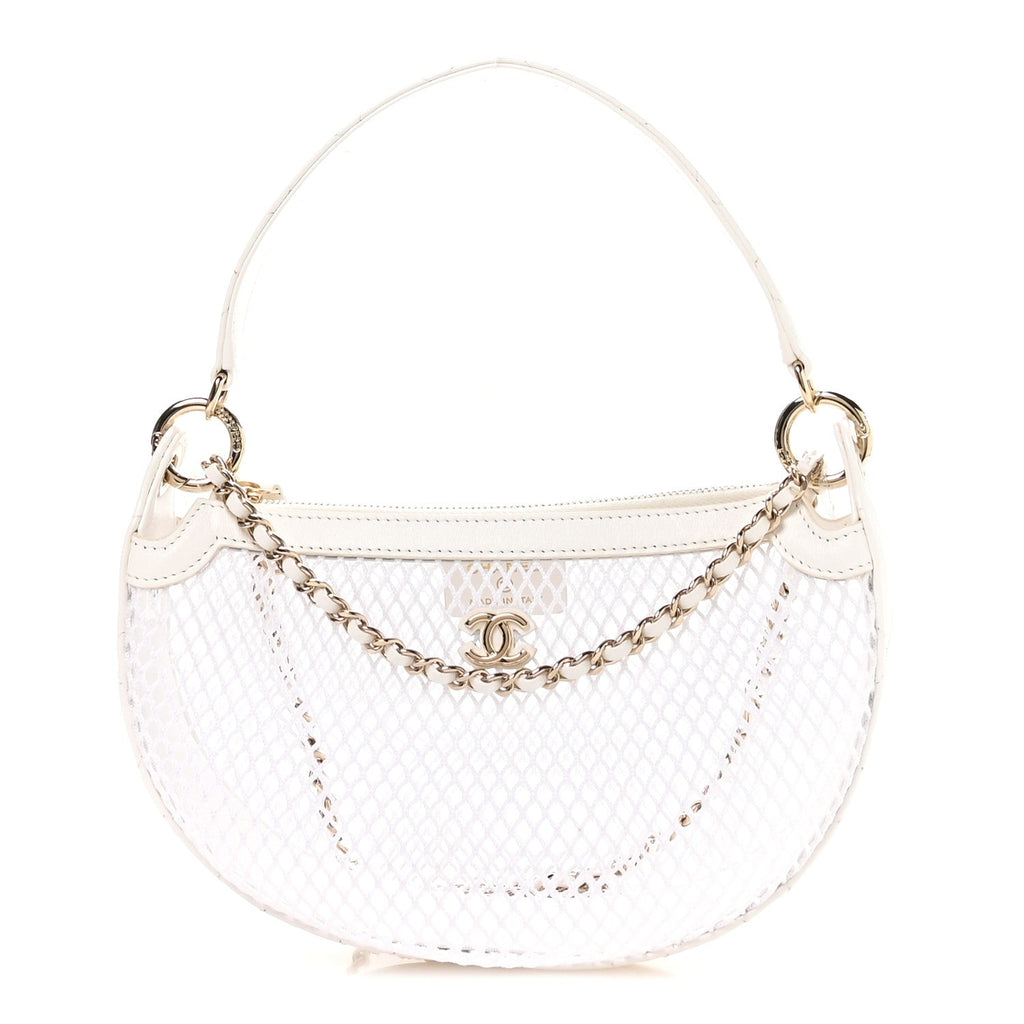 Mesh Shiny Lambskin Chain Hobo White