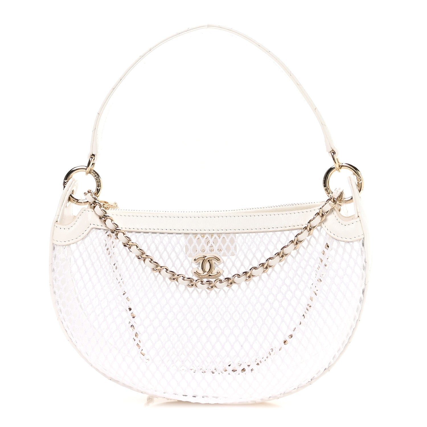 Mesh Shiny Lambskin Chain Hobo White