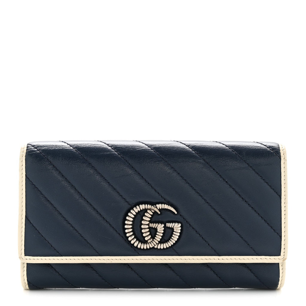 Vintage Effect Calfskin Matelasse Diagonal Torchon GG Marmont Continental Wallet Blue Agata Mystic White