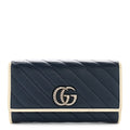 Vintage Effect Calfskin Matelasse Diagonal Torchon GG Marmont Continental Wallet Blue Agata Mystic White