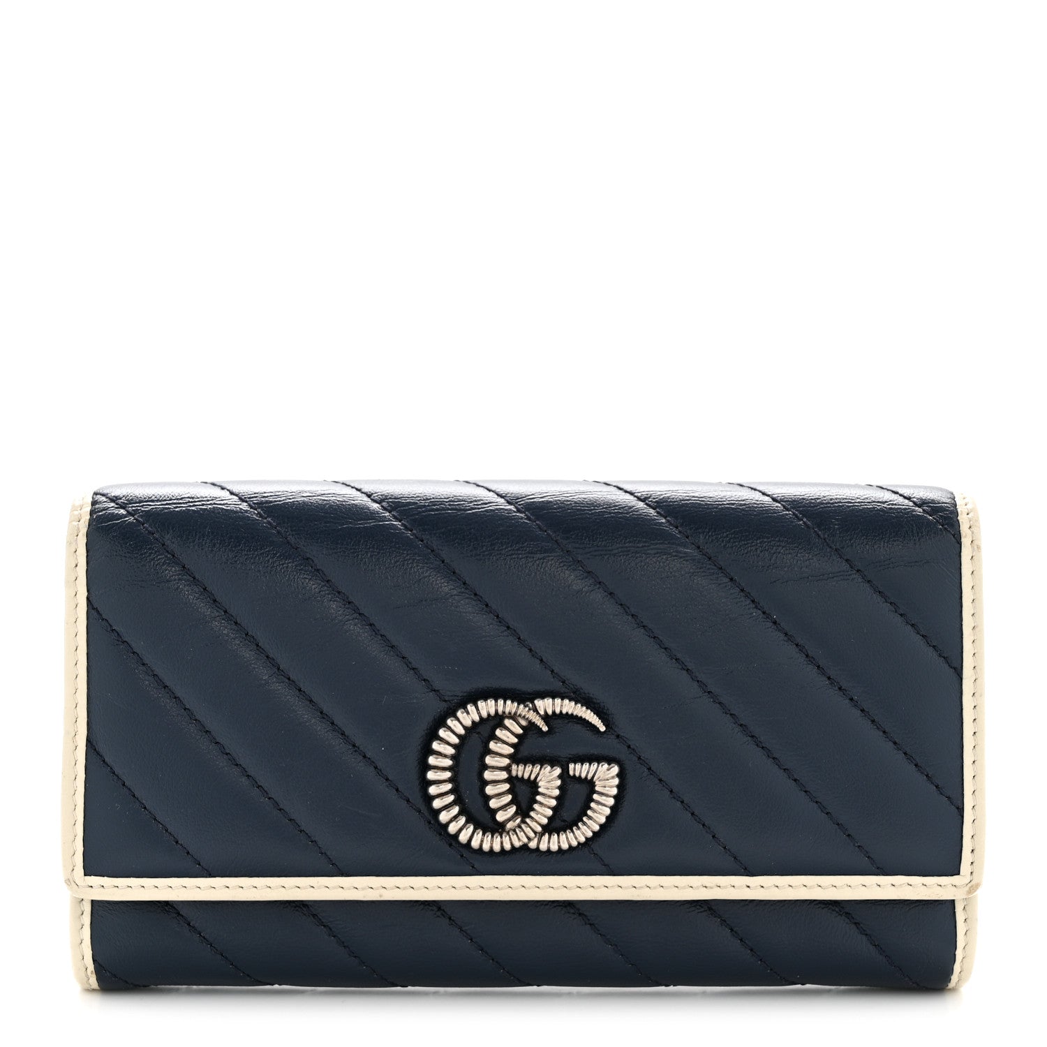 Vintage Effect Calfskin Matelasse Diagonal Torchon GG Marmont Continental Wallet Blue Agata Mystic White