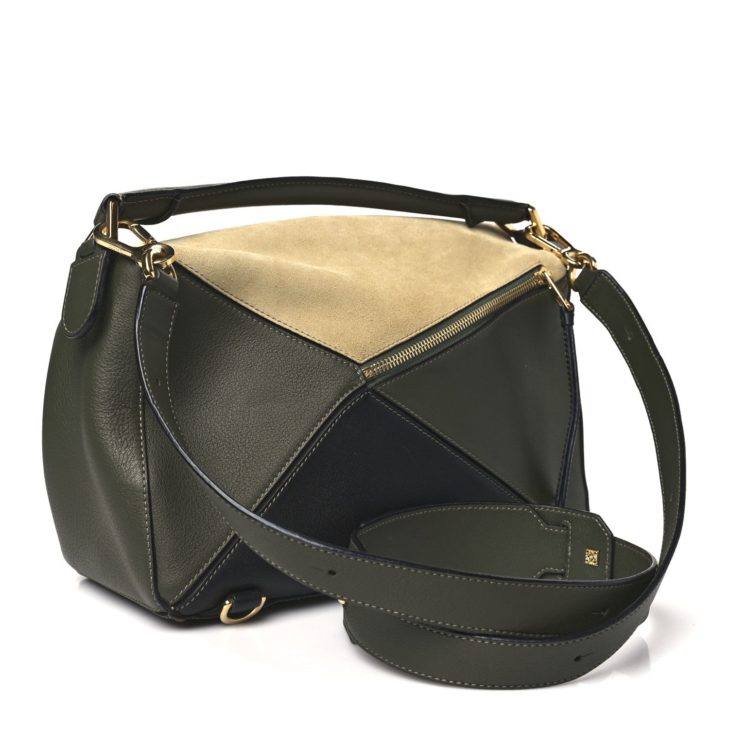 Calfskin Suede Medium Puzzle Bag Gold Avocado Green