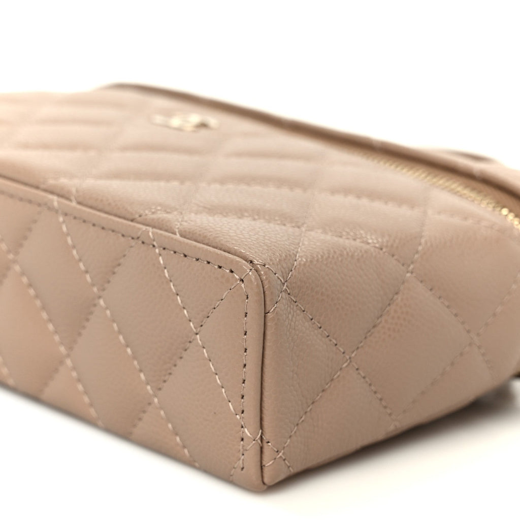 Caviar Quilted Top Handle Slim Vanity With Chain Dark Beige