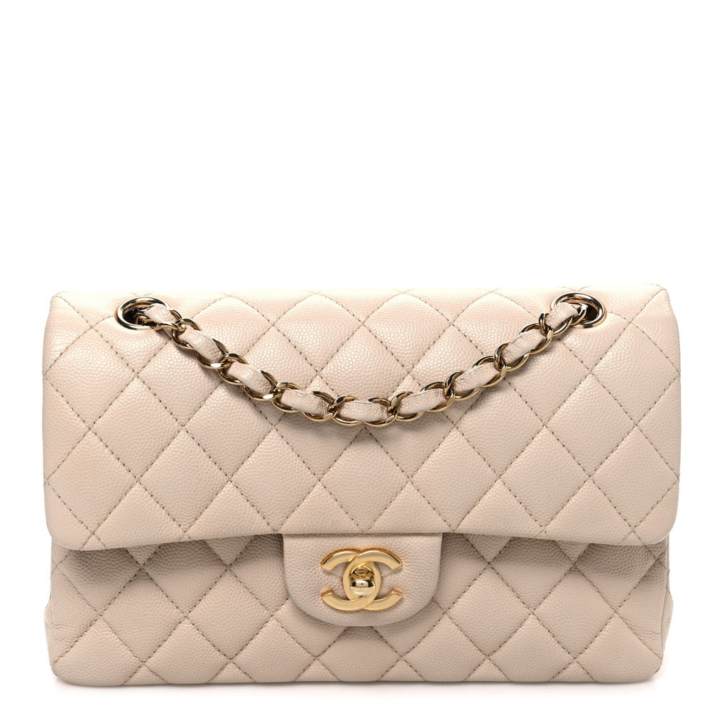 Caviar Quilted Small Double Flap Beige