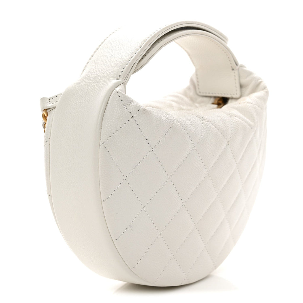 Caviar Quilted Pearl Chain Pouch Hobo White