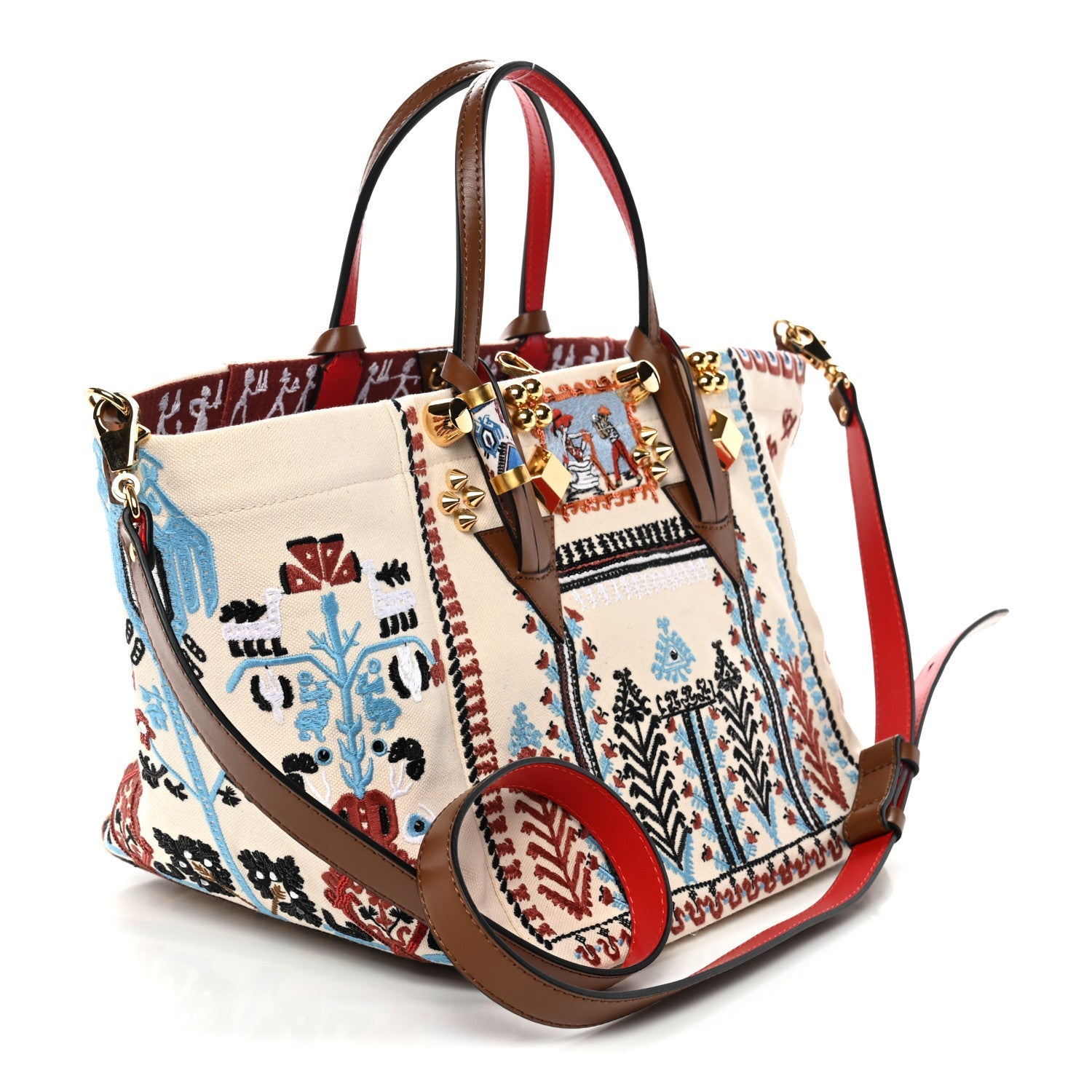 Frise Broderie Calfskin Greekaba Tote Biscotto Multicolor