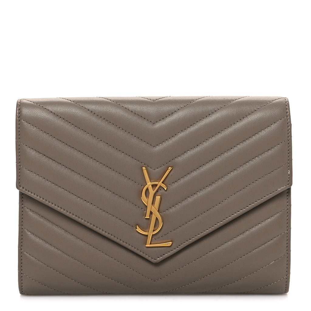 Lambskin Matelasse Chevron Monogram Cassandre Flap Pouch Dark Beige