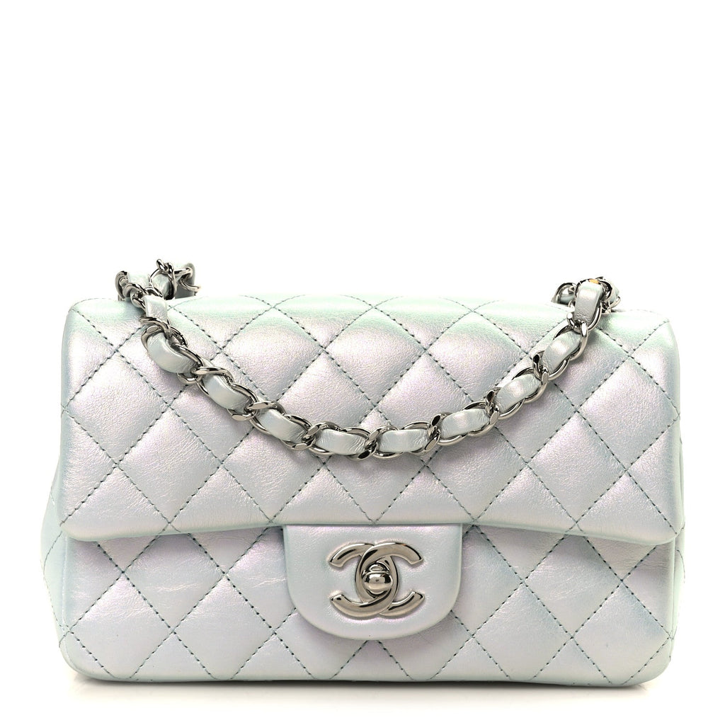 Iridescent Calfskin Quilted Mini Rectangular Flap Light Blue