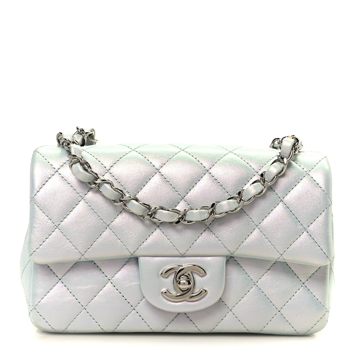 Iridescent Calfskin Quilted Mini Rectangular Flap Light Blue
