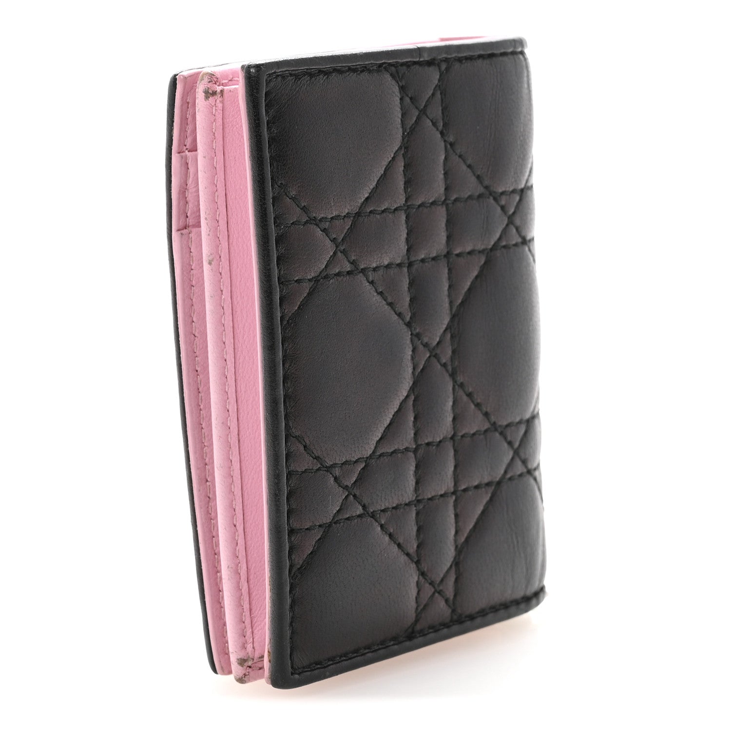 Lambskin Cannage Bi-Color Small Lady Dior Flap  Holder Black Pink