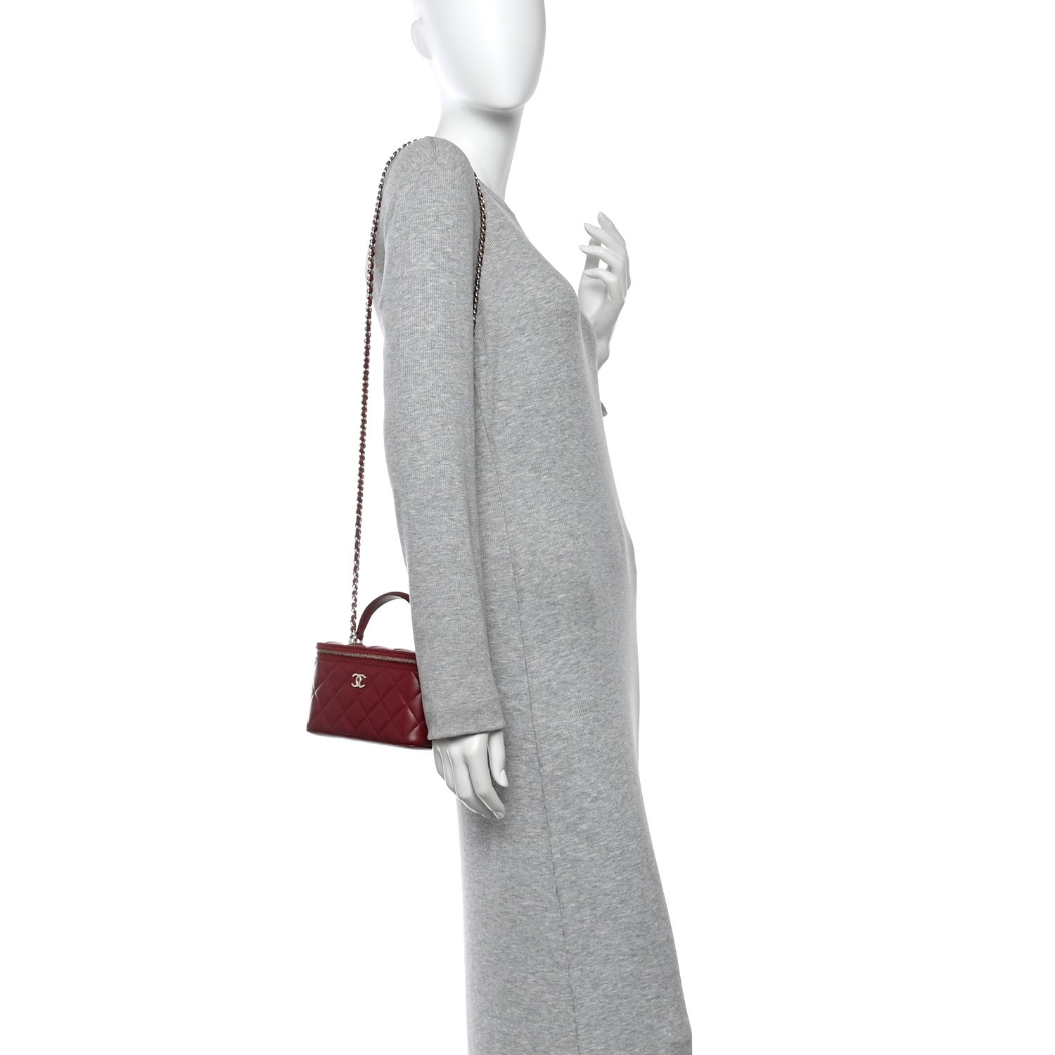 Lambskin Quilted Small Top Handle Vanity Case With Chain Burgundy