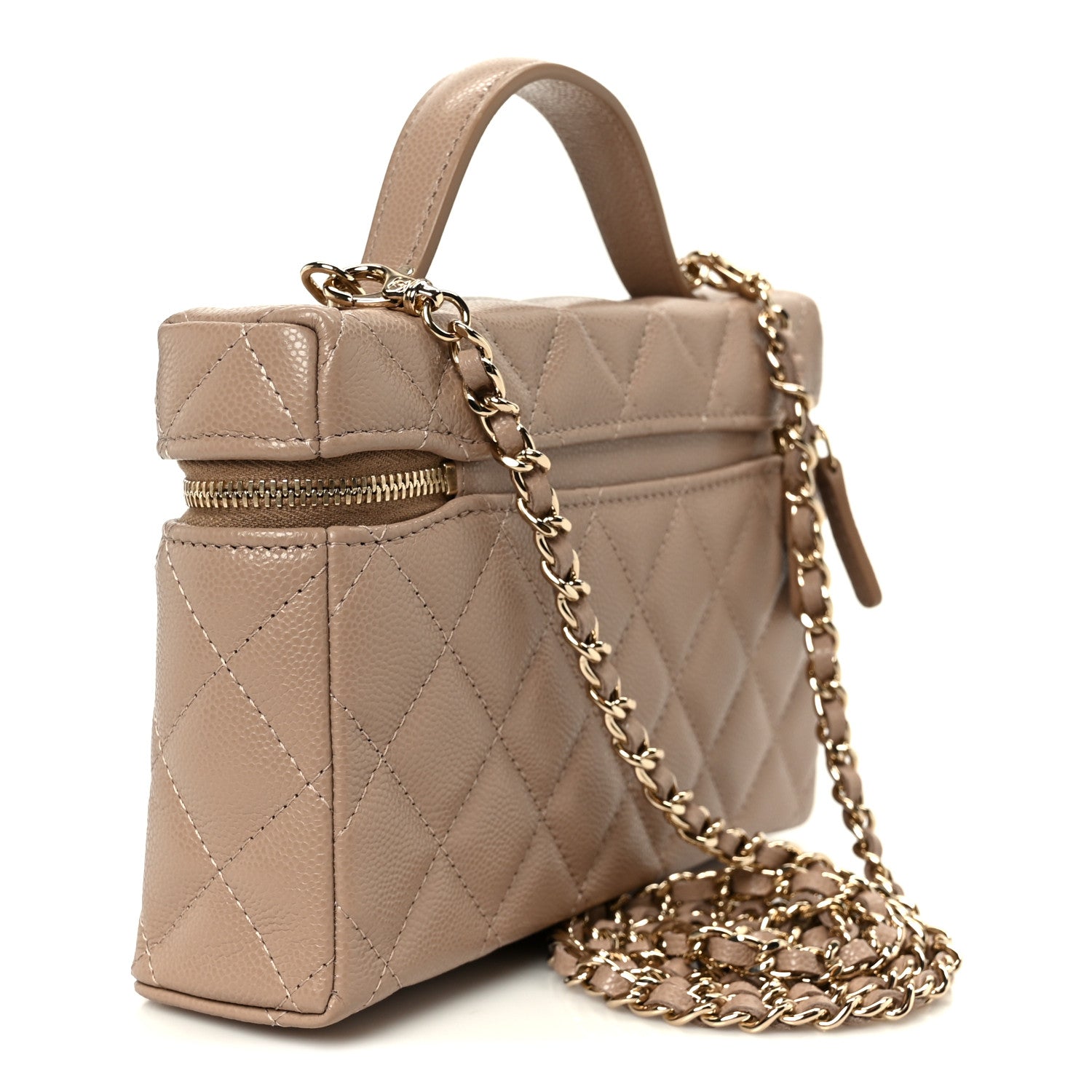 Caviar Quilted Top Handle Slim Vanity With Chain Dark Beige