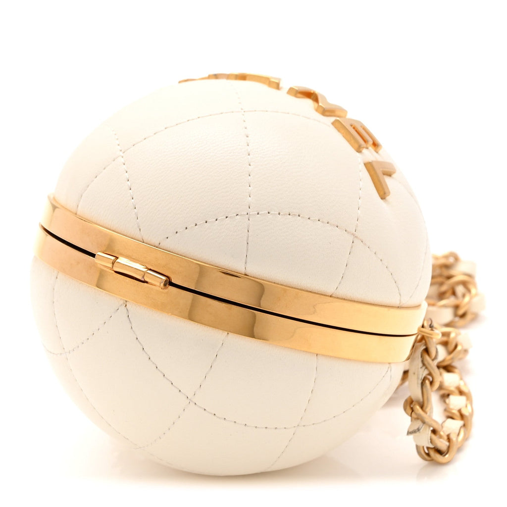 Lambskin Quilted Sphere Minaudiere Chain Clutch White