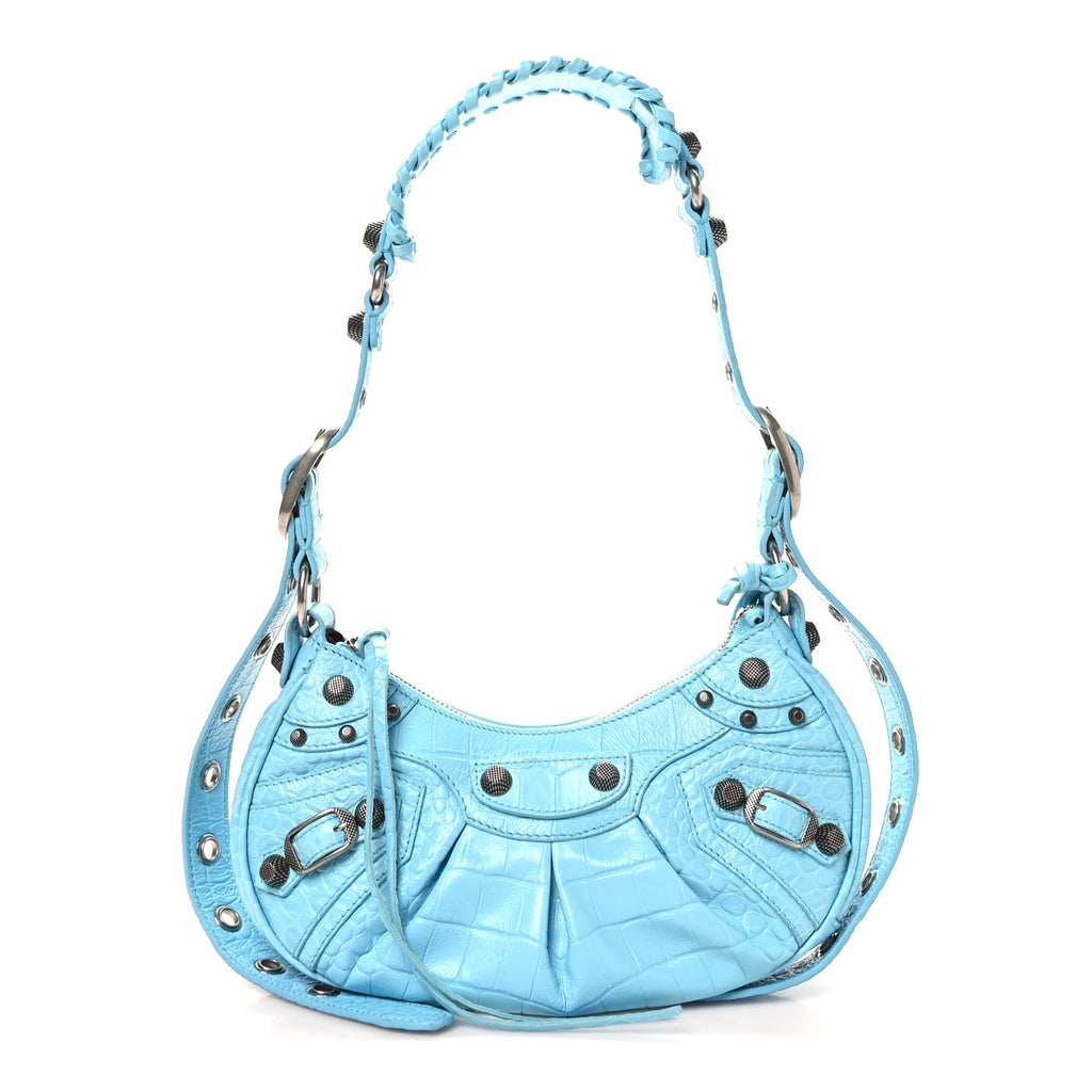 Extra Supple Calfskin Crocodile Embossed Le Cagole Shoulder Bag XS Sky Blue