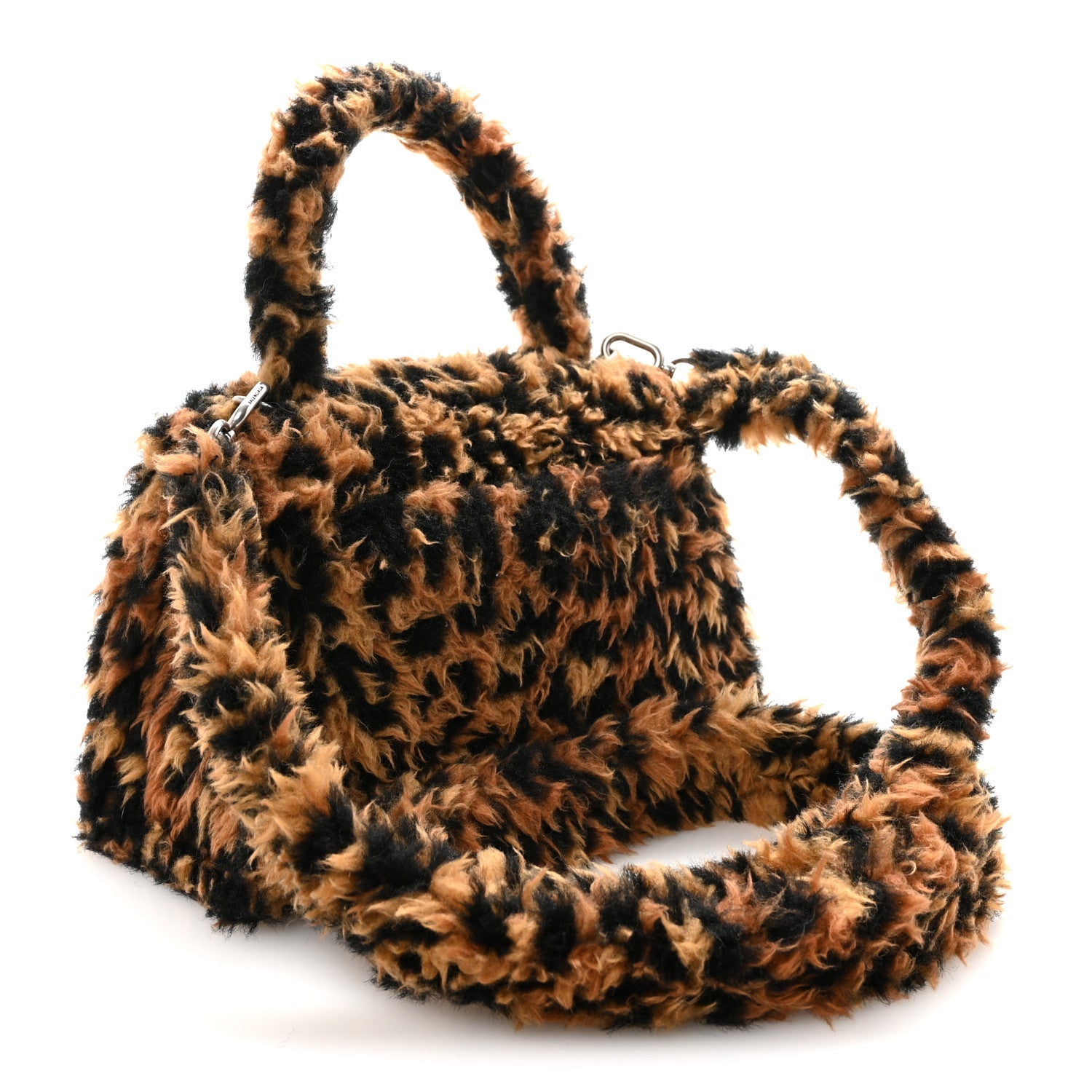 Fleece Leopard Print Small Hourglass Top Handle Bag Brown