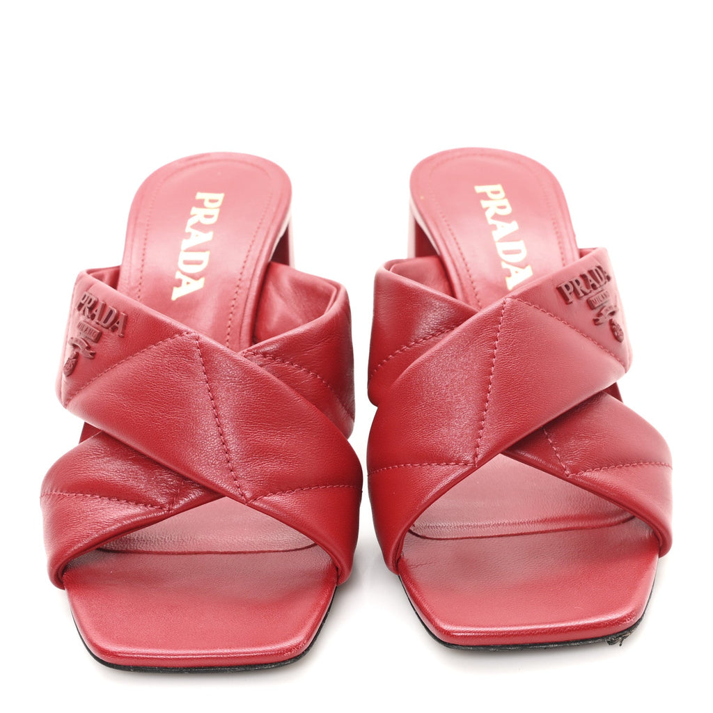 Nappa Logo Quilted Crisscross 65mm Block Heel Slide Sandals 36.5 Red