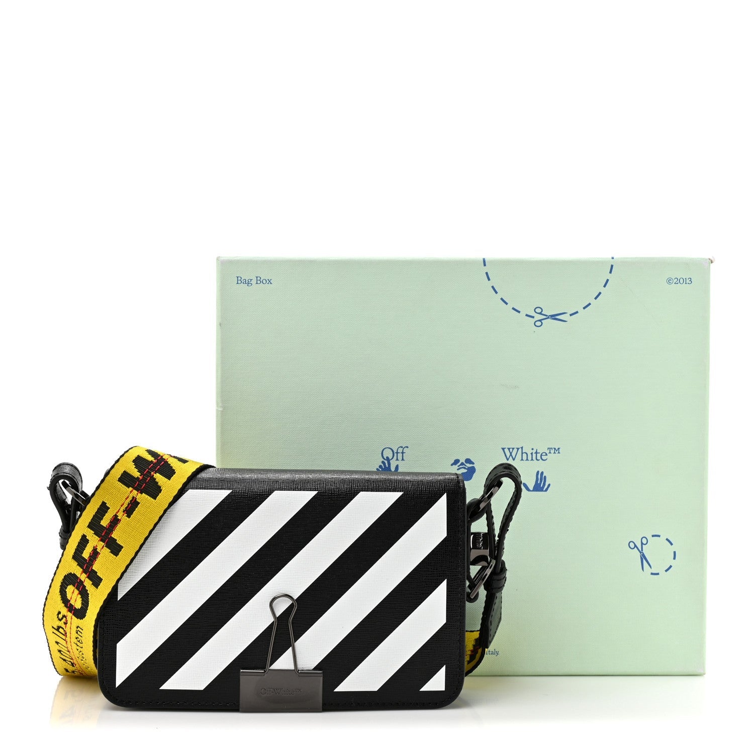 Saffiano Striped Mini Diag Binder Clip Bag Black White Yellow