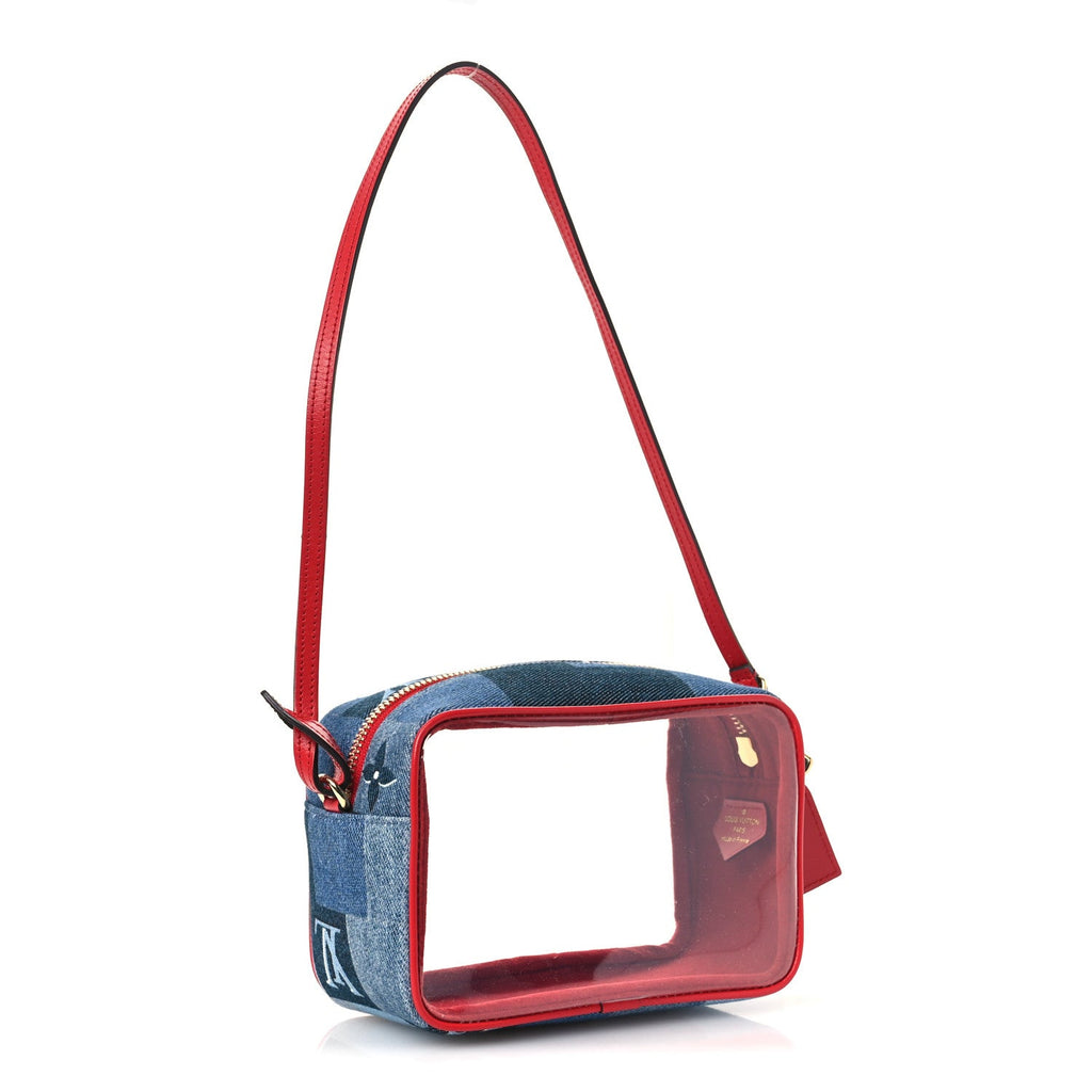 Denim Damier Monogram Patchwork PVC Beach Pouch Blue Rouge