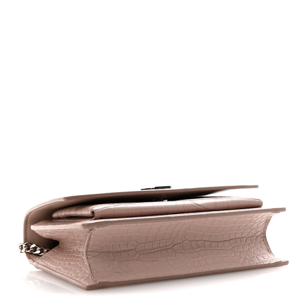 Calfskin Crocodile Embossed Monogram Sunset Chain Wallet Soft Nude
