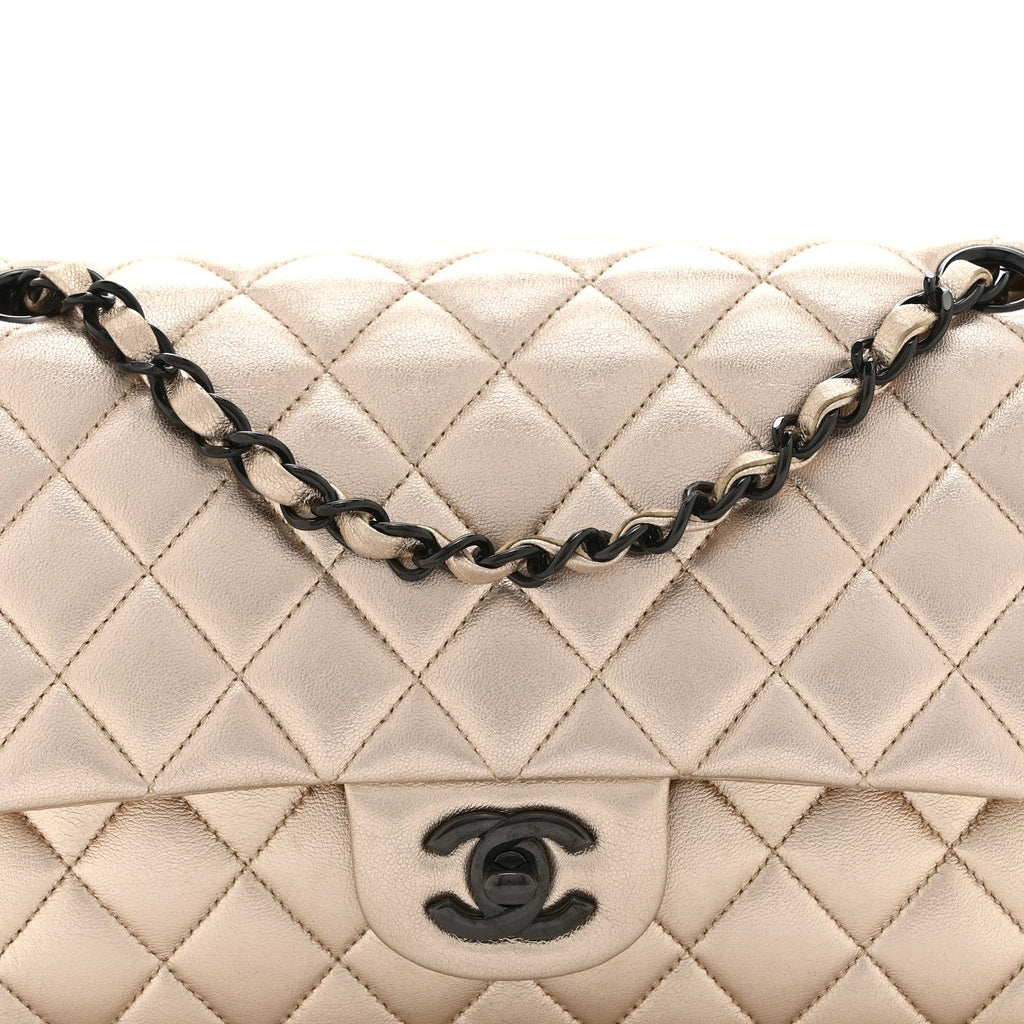 Metallic Lambskin Quilted Medium Double Flap Gold Black