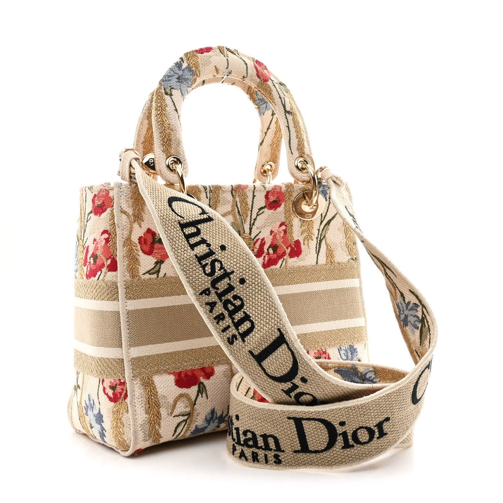 Canvas Embroidered Hibiscus Printed Medium Lady D-Lite Beige Multicolor