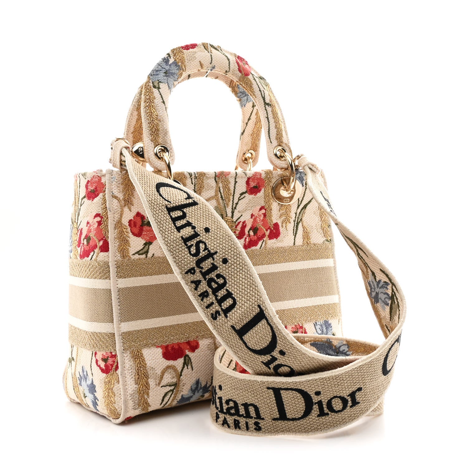 Canvas Embroidered Hibiscus Printed Medium Lady D-Lite Beige Multicolor