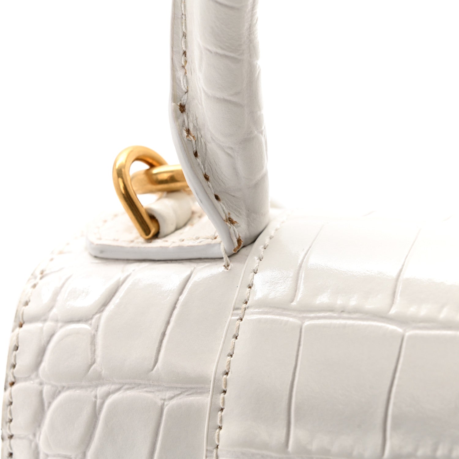 Shiny Calfskin Crocodile Embossed Hourglass Top Handle Bag XS White