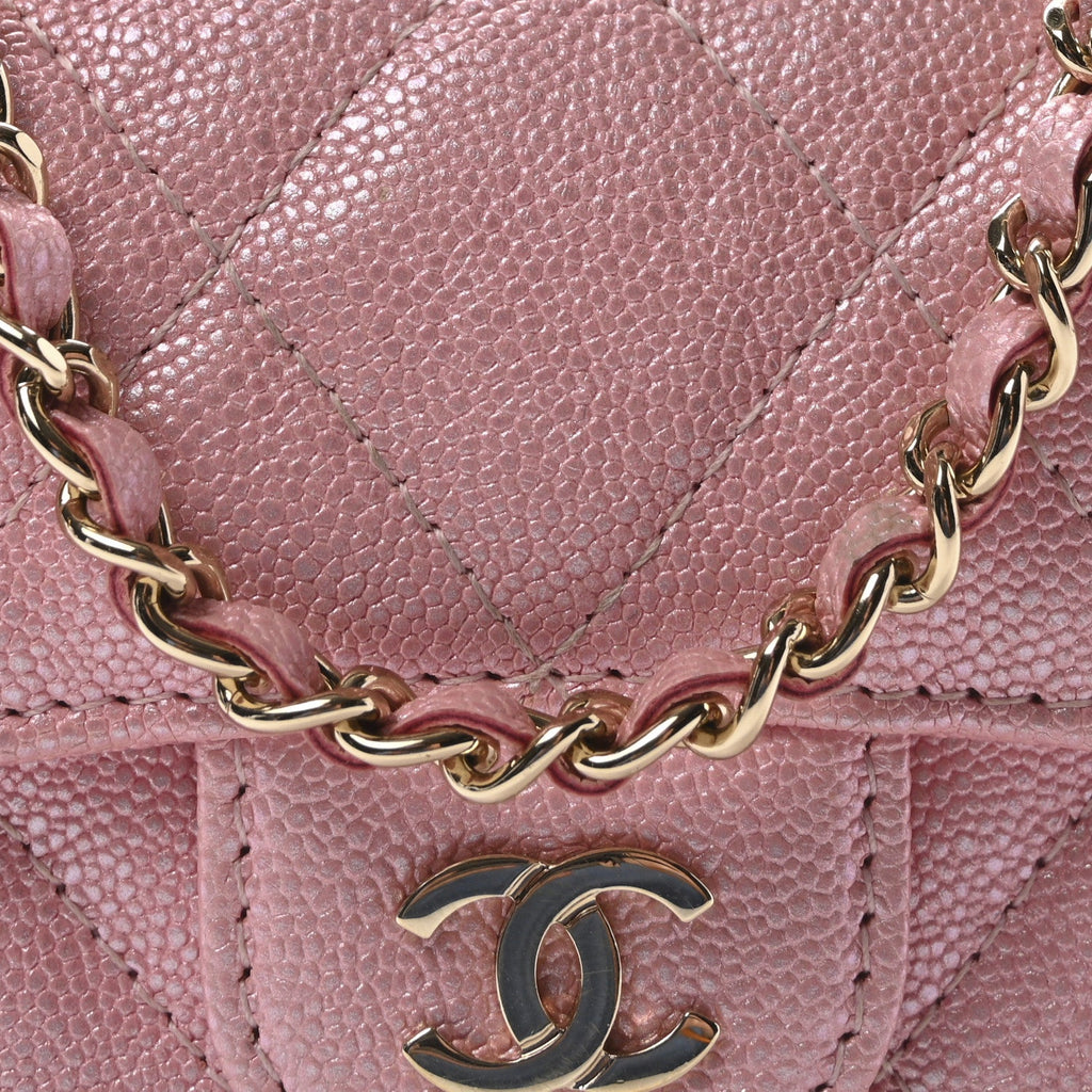 Iridescent Caviar Quilted Flap  Holder On Chain Pink