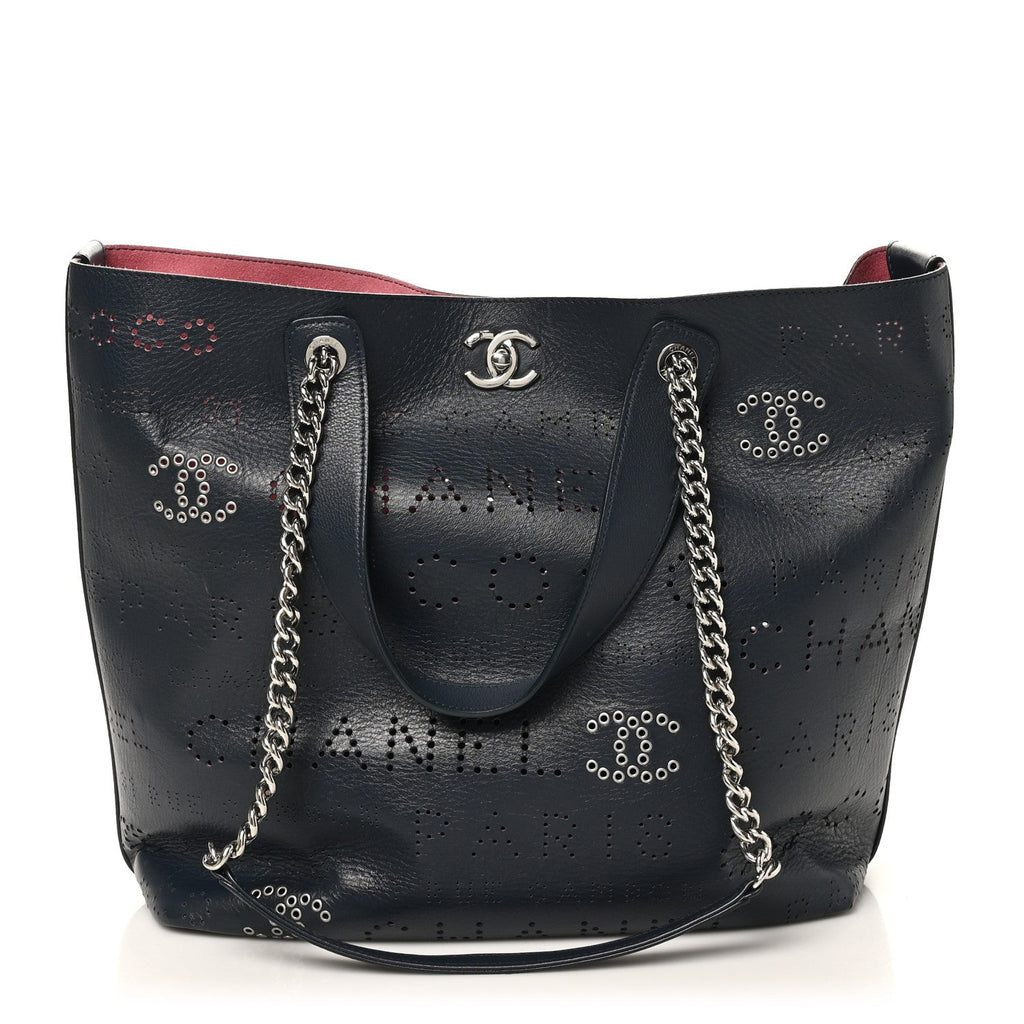 Calfskin Tweed Small Logo Eyelets Shopping Tote Navy Blue