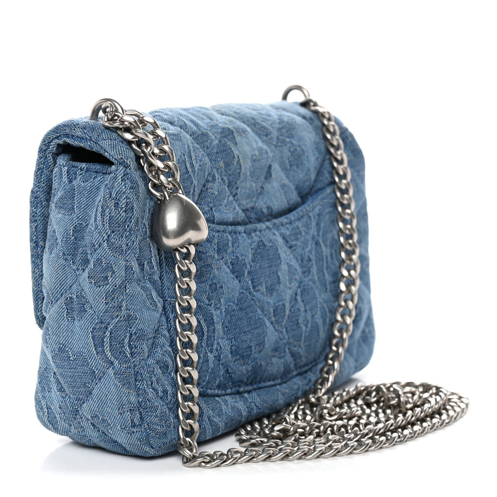 Denim Quilted Camellia Sweetheart Mini Flap Blue