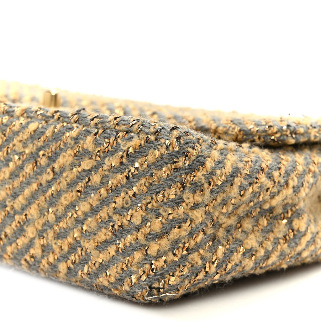 Metallic Tweed Quilted Medium Single Flap Beige Grey Gold