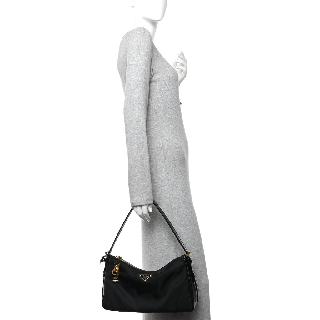 Re-Nylon Vitello Large Aimee Shoulder Bag Black