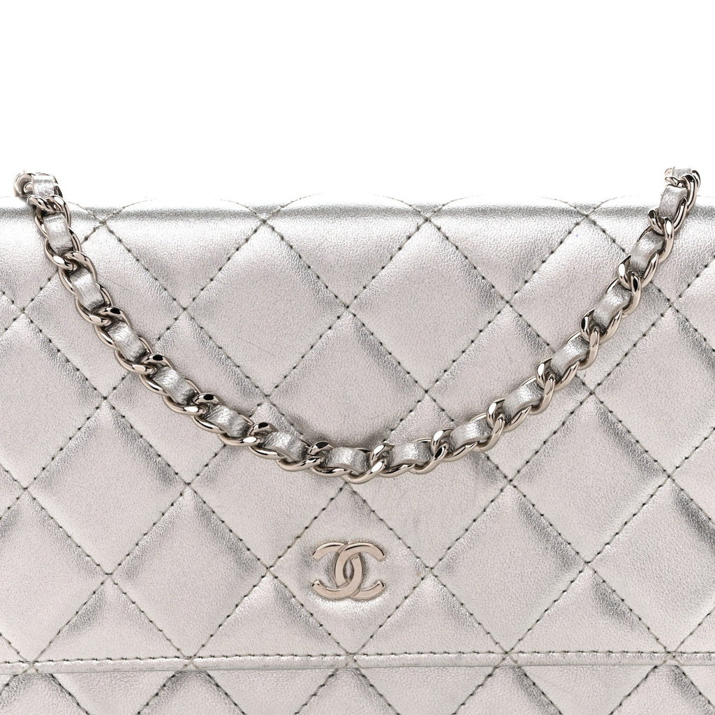 Metallic Lambskin Quilted Wallet On Chain WOC Silver