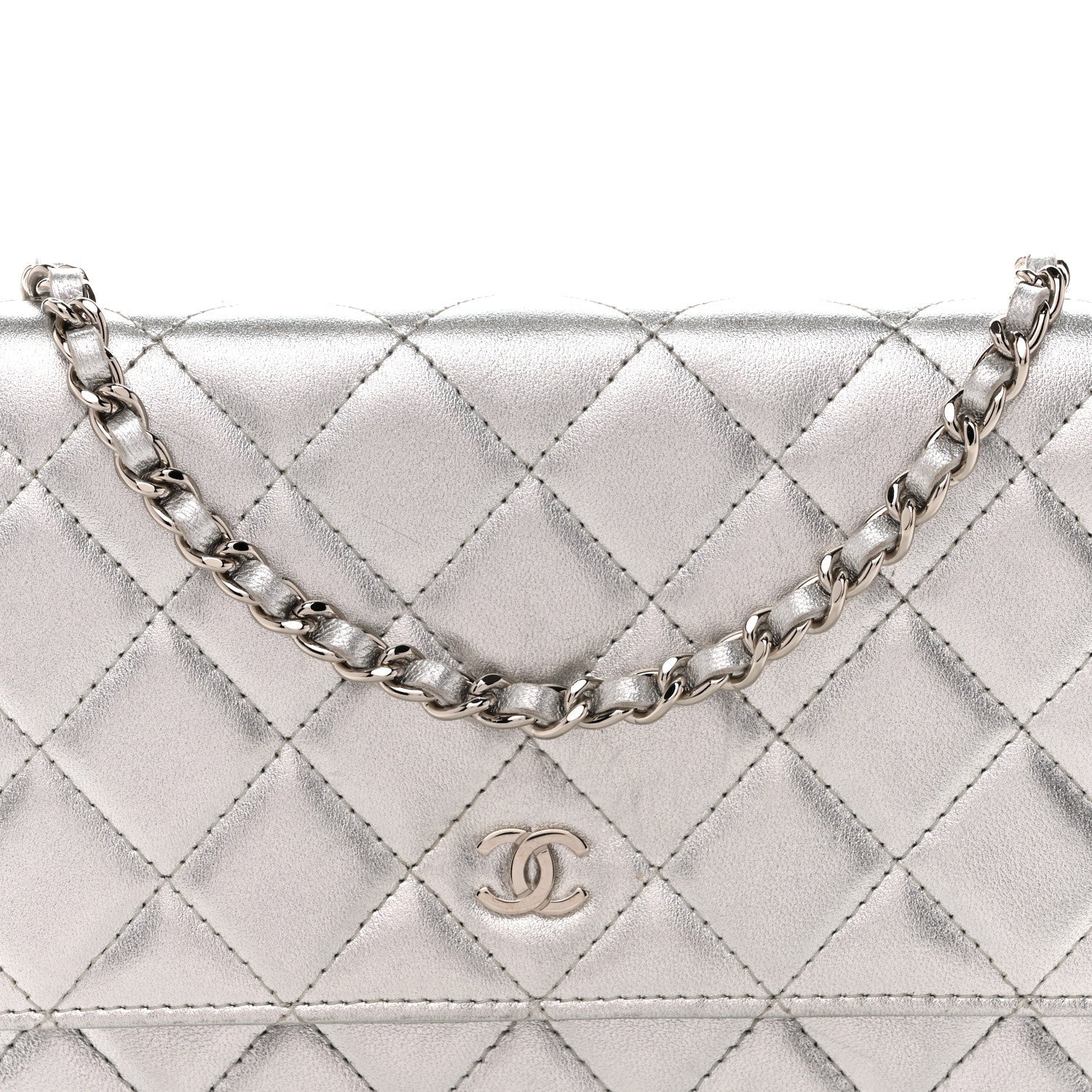 Metallic Lambskin Quilted Wallet On Chain WOC Silver