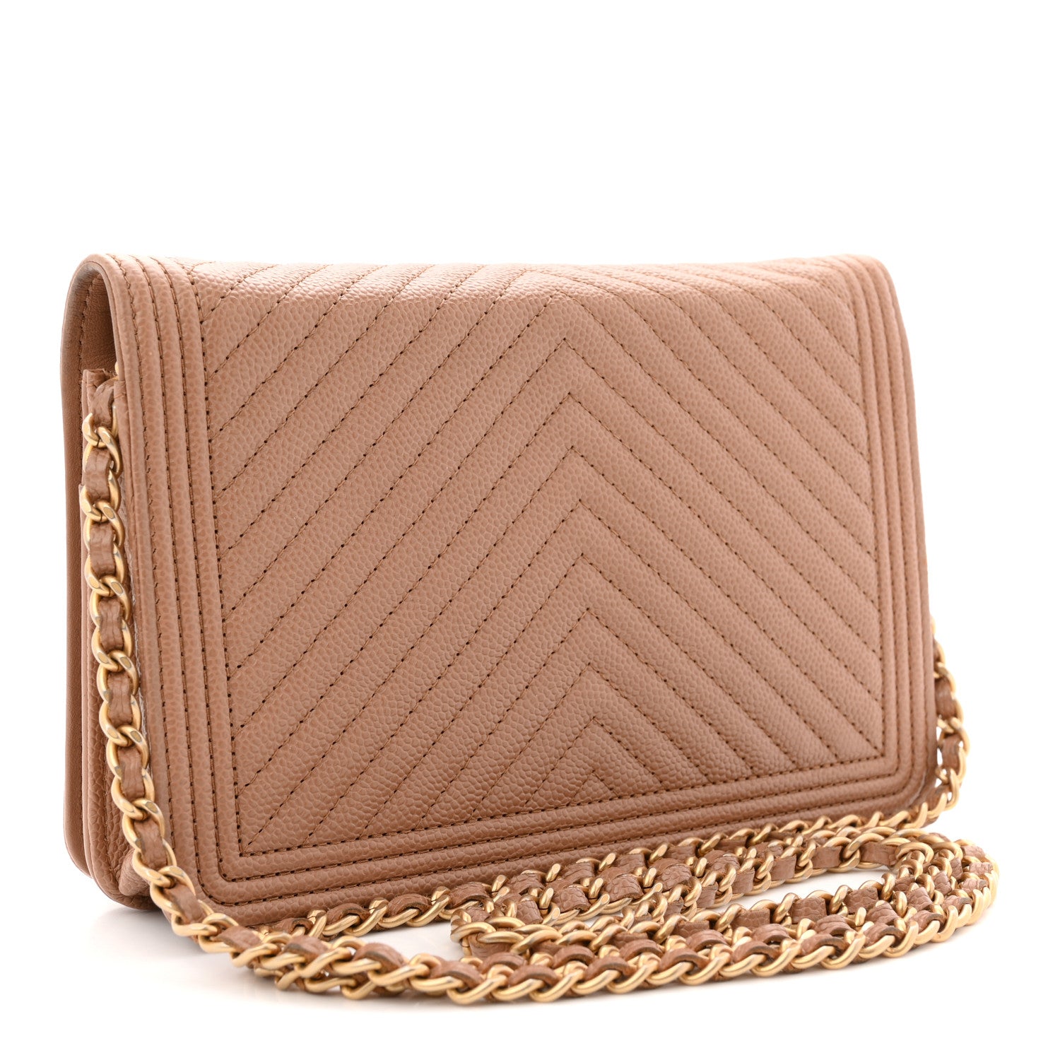 Caviar Chevron Quilted Boy Wallet On Chain WOC Dark Beige