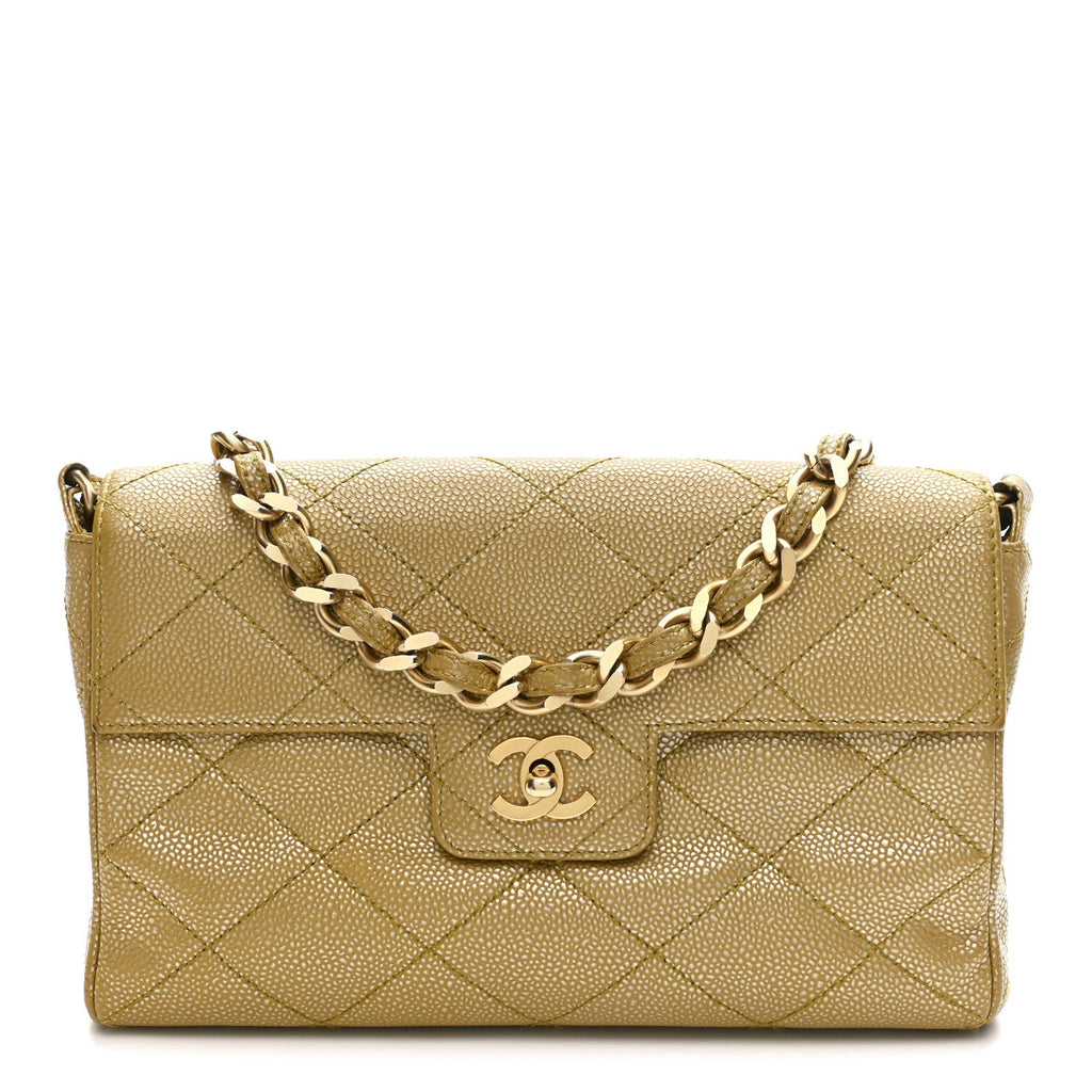 Metallic Caviar Quilted Medium Single Flap Beige