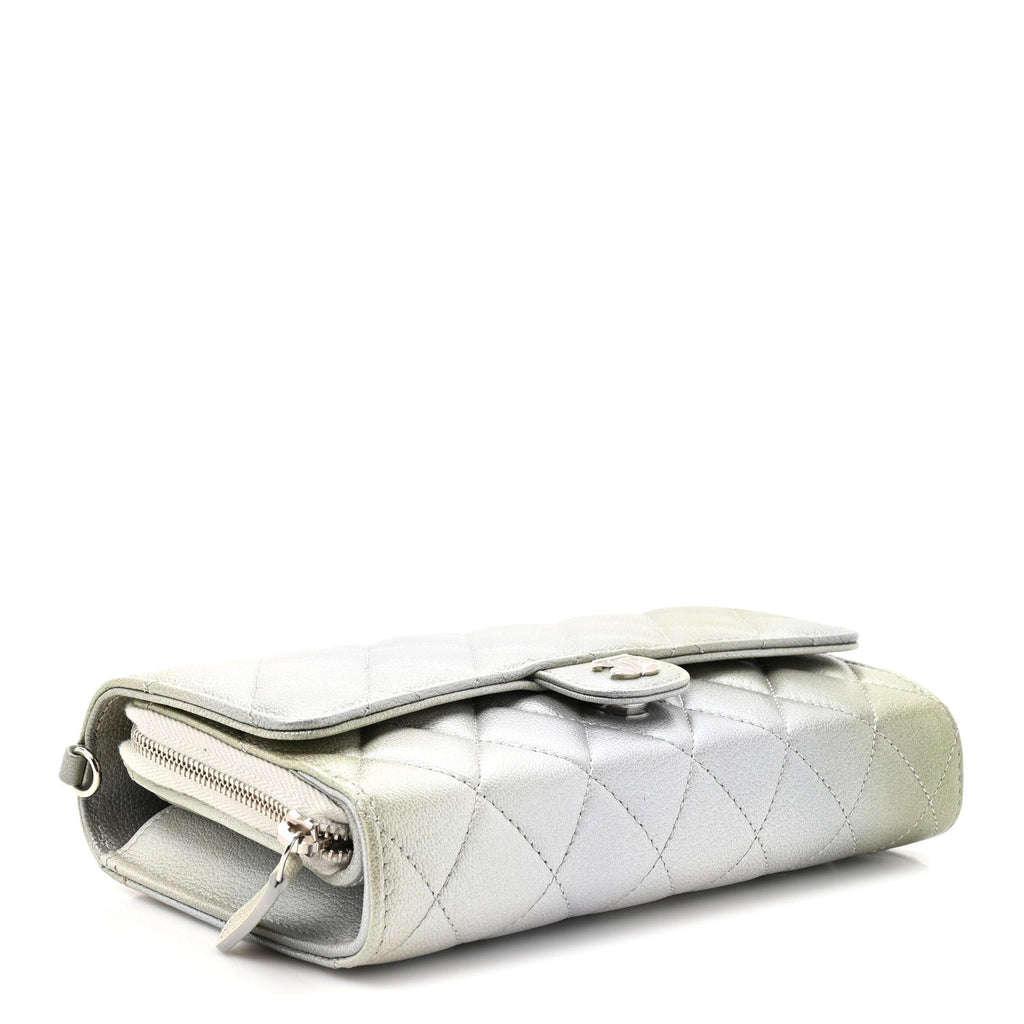 Metallic Goatskin Quilted Ombre Phone Holder Wallet on Removable Chain Grey Green
