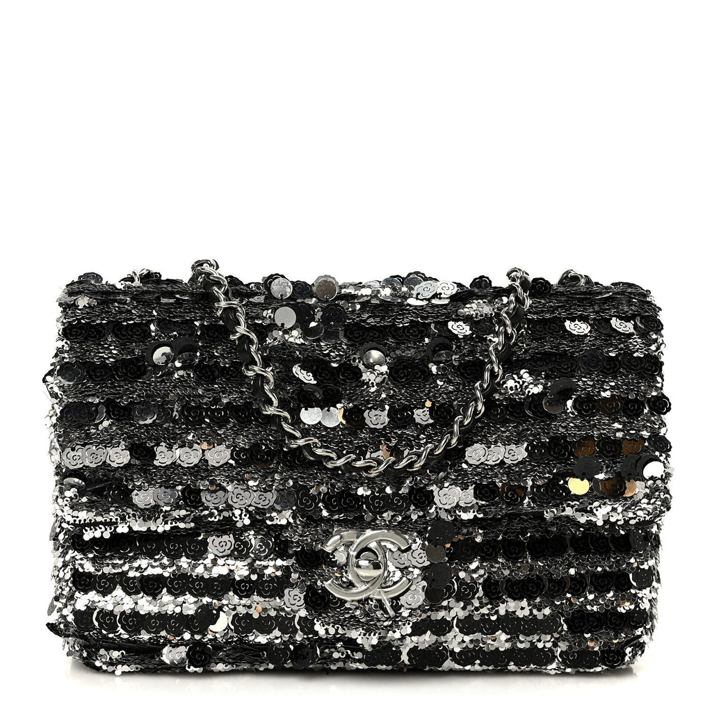 Sequin Quilted Small Single Flap Silver Black