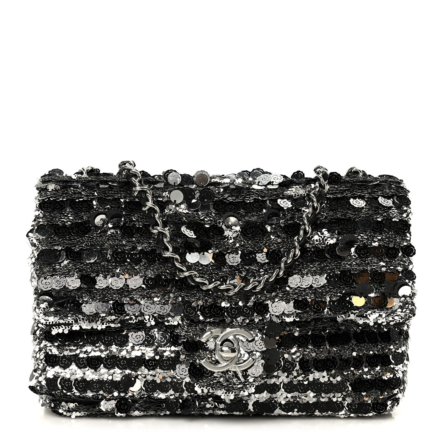 Sequin Quilted Small Single Flap Silver Black