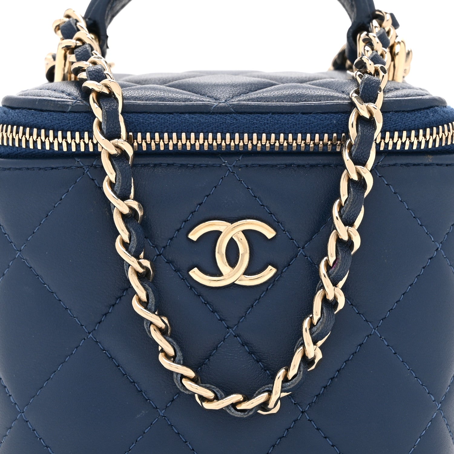Lambskin Quilted Top Handle Mini Vanity Case With Chain Blue