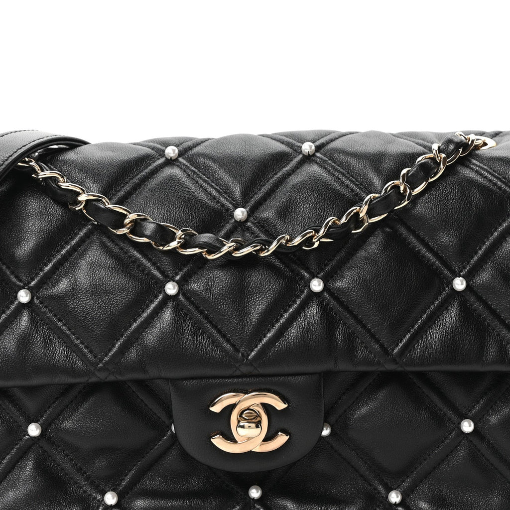 Lambskin Quilted Pearl Studded Flap Black