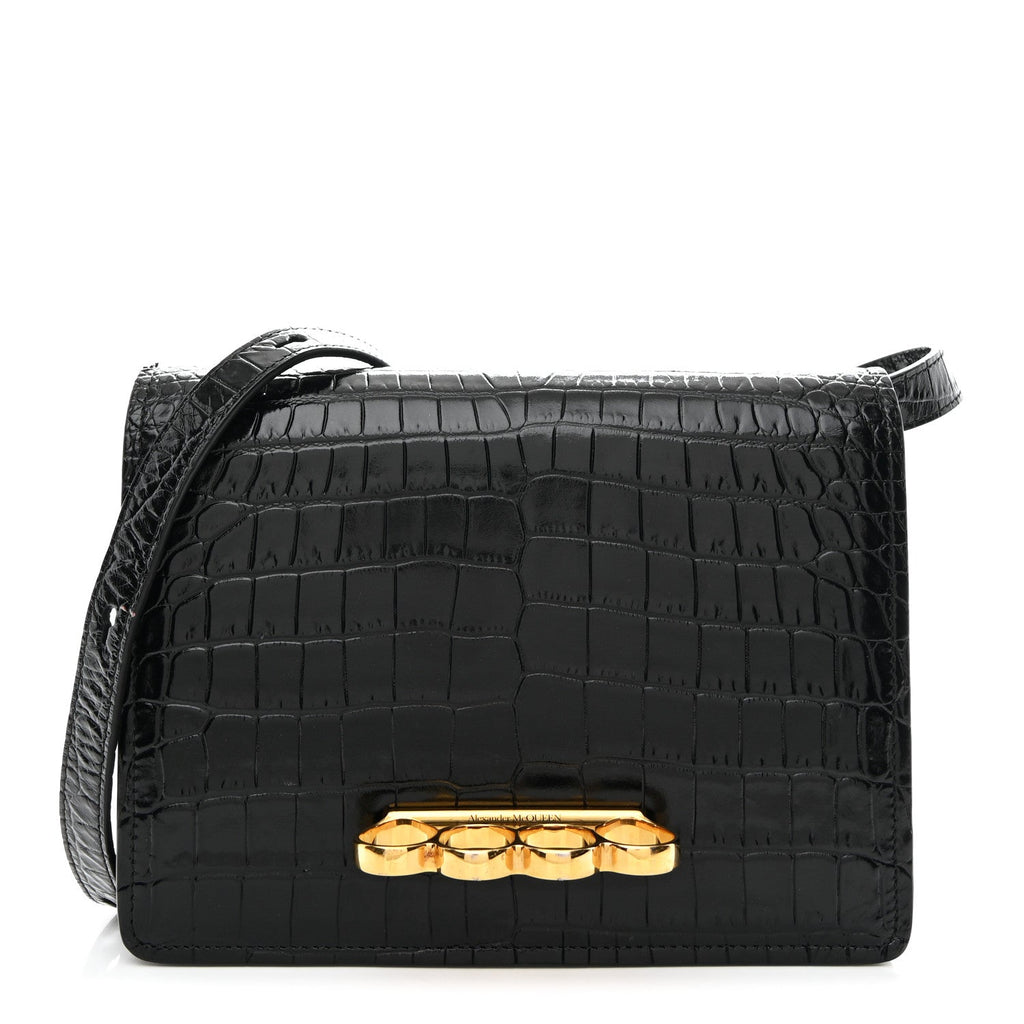 Calfskin Crocodile Embossed Four Ring Knuckle Crossbody Bag Black