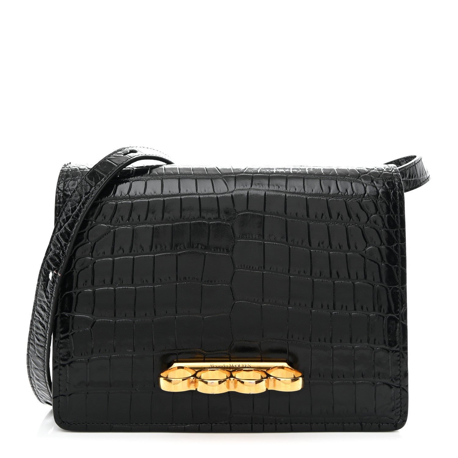 Calfskin Crocodile Embossed Four Ring Knuckle Crossbody Bag Black