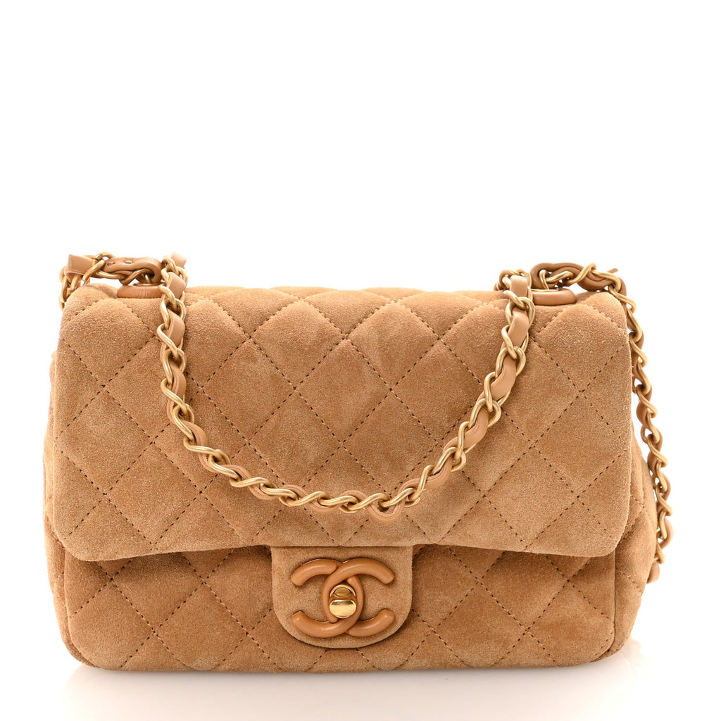 Suede Quilted Mini Flap Dark Beige